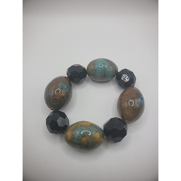 Vintage Bracelet Blue Tan Chalcedony Stone Beaded Black Faceted Stretch - Picture 10 of 10